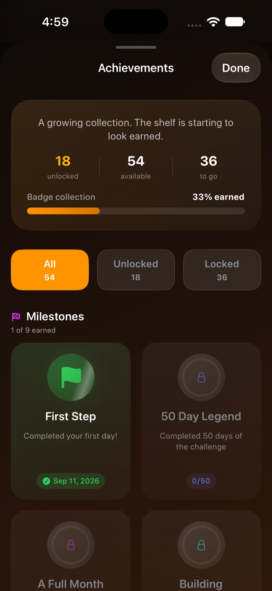 Achievements grid with earned and locked badges.