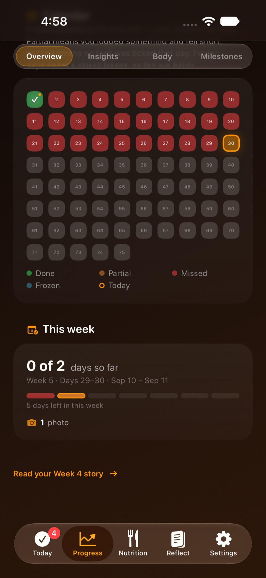 The 75-day calendar grid.