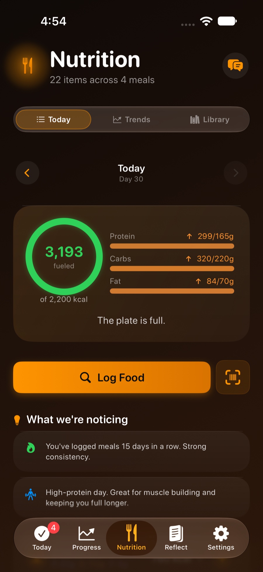 Nutrition tab with calories and macros.