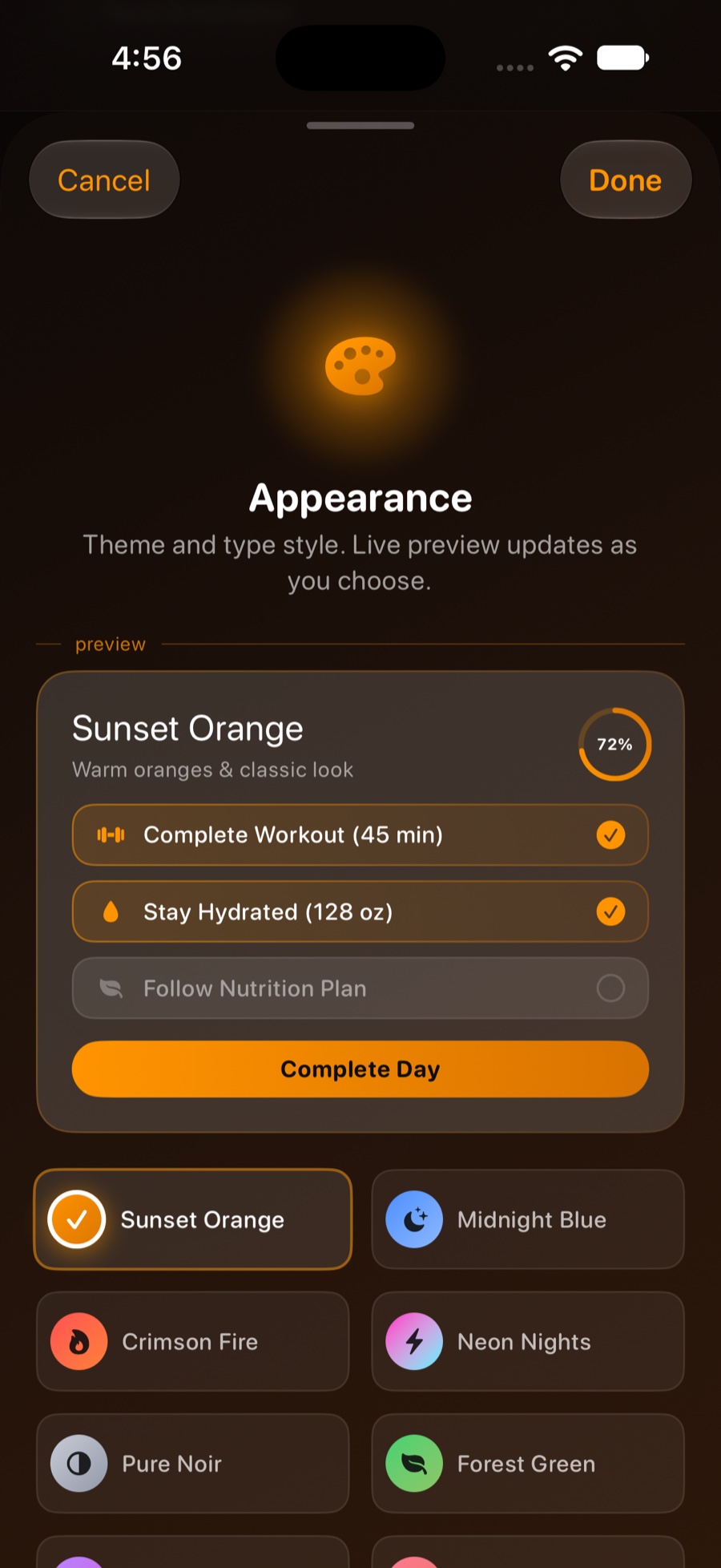 Theme picker with a live preview card and a grid of themes.
