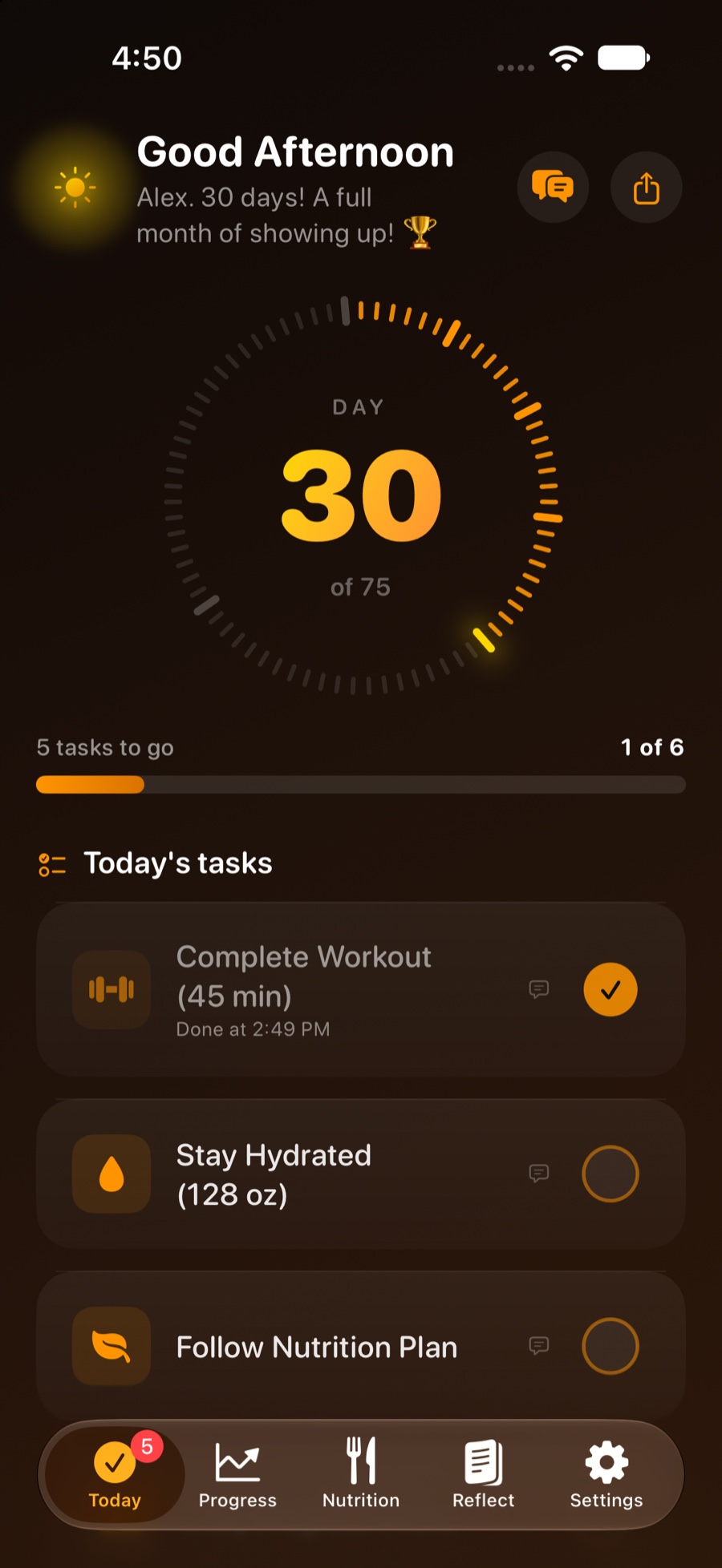 Today tab: day ring, tasks, water.
